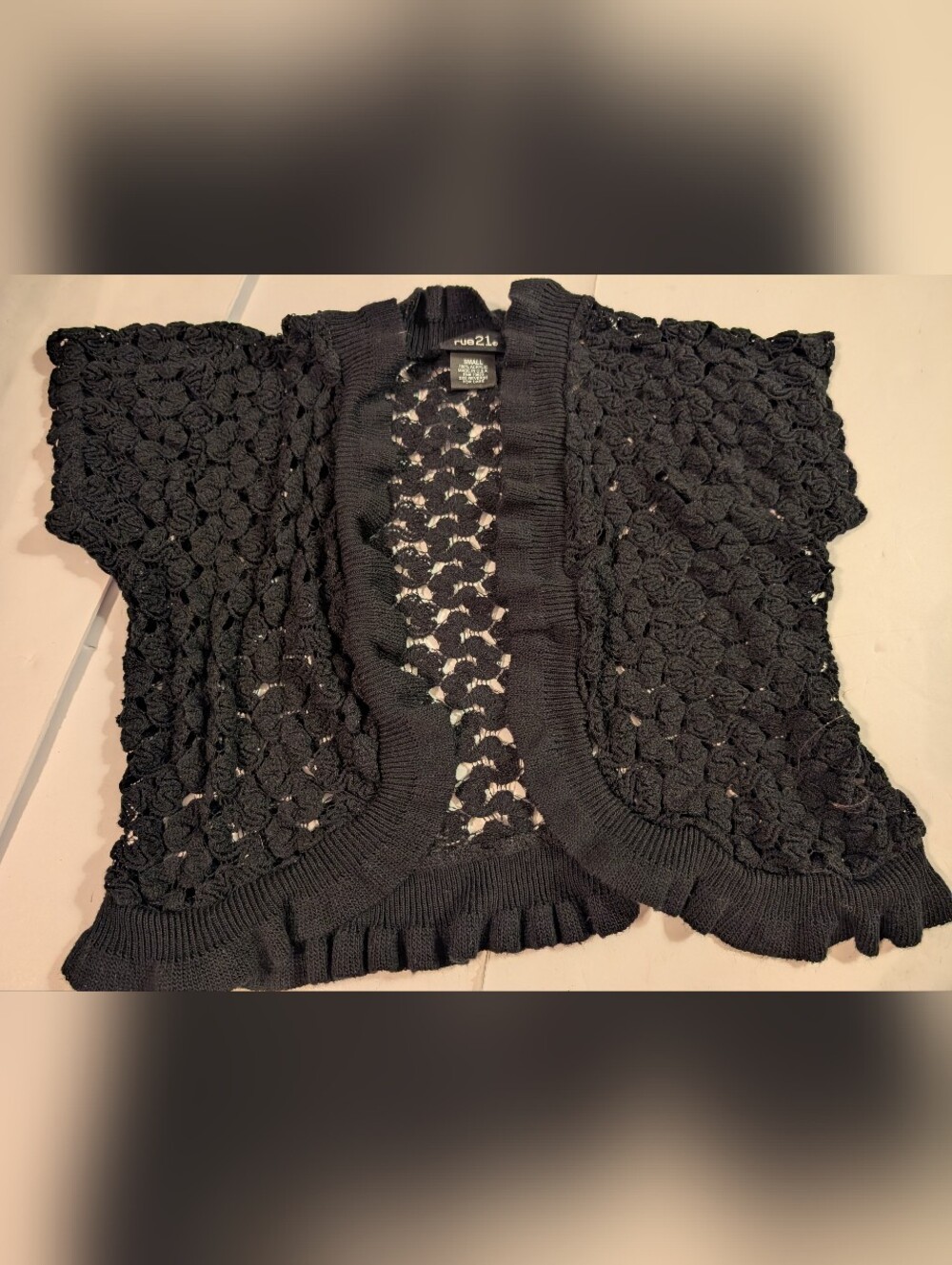 Rue21 Black Crochet Open-Front Short Sleeve Cardigan Sz Small